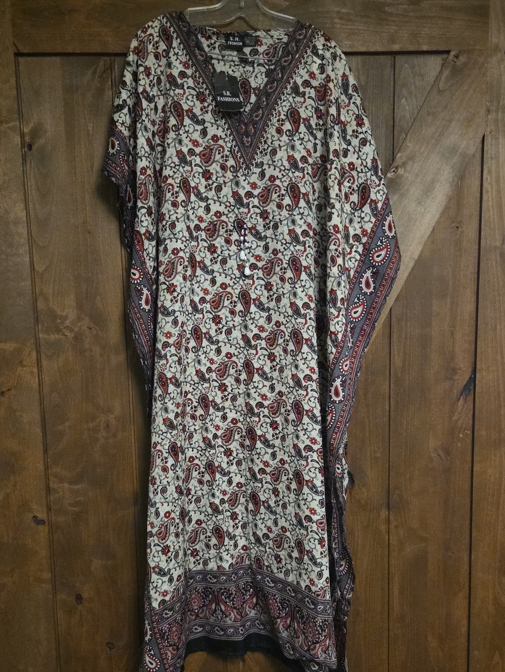 S.L. Fashions Cream Paisley Maxi Dress with Red & Black Accents
